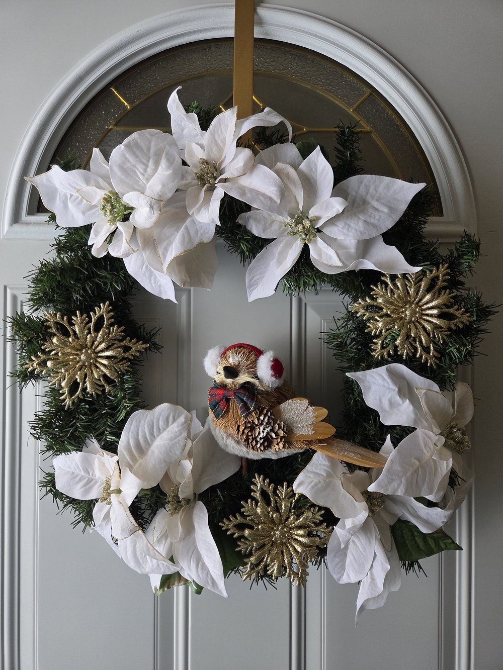 White Poinsettia & Gold Holiday Wreath with Festive Bird Accent